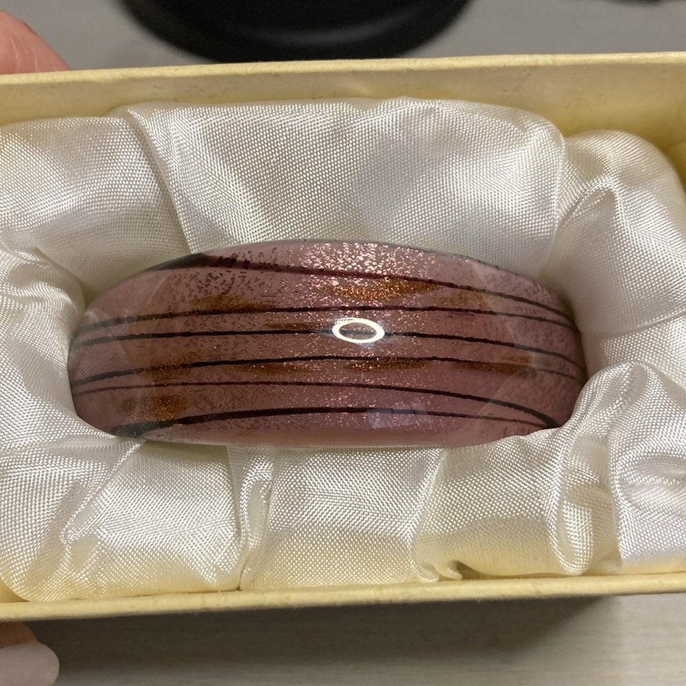 Vintage Purple Black Stripe Coppertone Glitter Art Glass Cuff Bracelet
